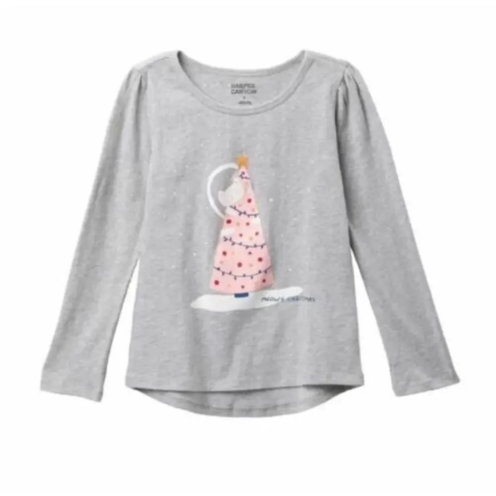 Harper‎ Canyon Girls Grey Christmas Cat Long Sleeve Graphic Tee Size 2
